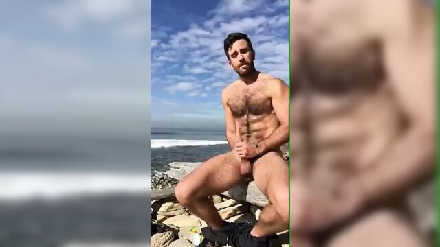 Super hot hairy man jerks of on the beach