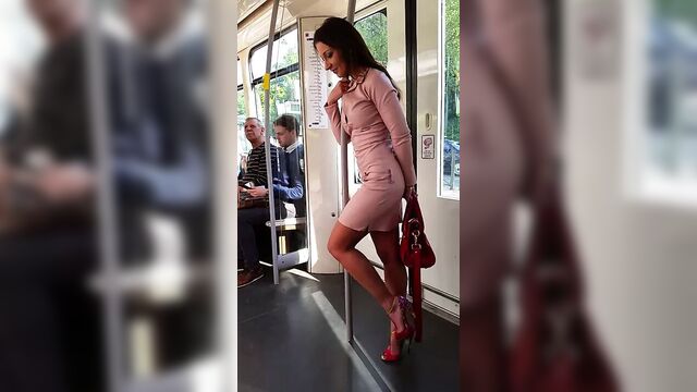 Girl in mini leather dress public voyeur &extreme high heels