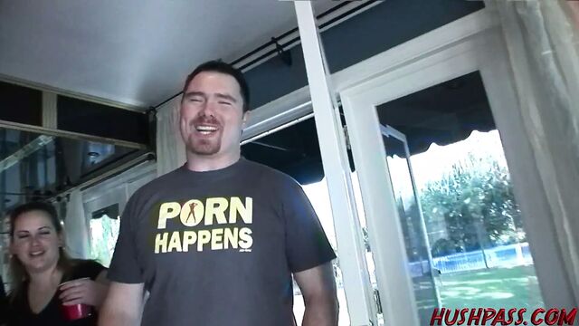 Pretty Allie Haze gives the best backyard party blowjob