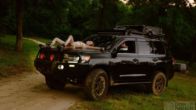 Slim newbie tied to truck for rough ass fuck and face fuck