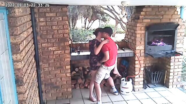 Spycam: CC TV self catering accomodation couple fucking on front porch of nature reserve