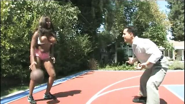 Black chick puts her big natural tits in his face, his dick in-between them