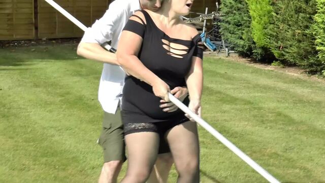 Poolboy sticks his cock in grannies mouth and she sucks on it wildly