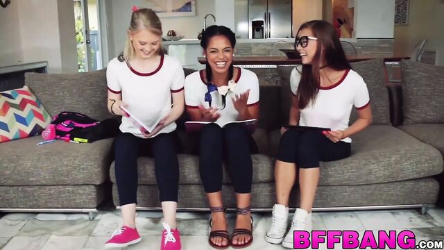 Amazing petite sluts share a gigantic cock POV style