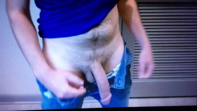 Guy commando no underwear in jeans with bulge huge cock